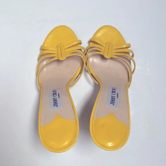 Jimmy Choo 💛 Strappy Kitten Sandal Heels in Yellow Size 7.5 Open Toe Mule Heel